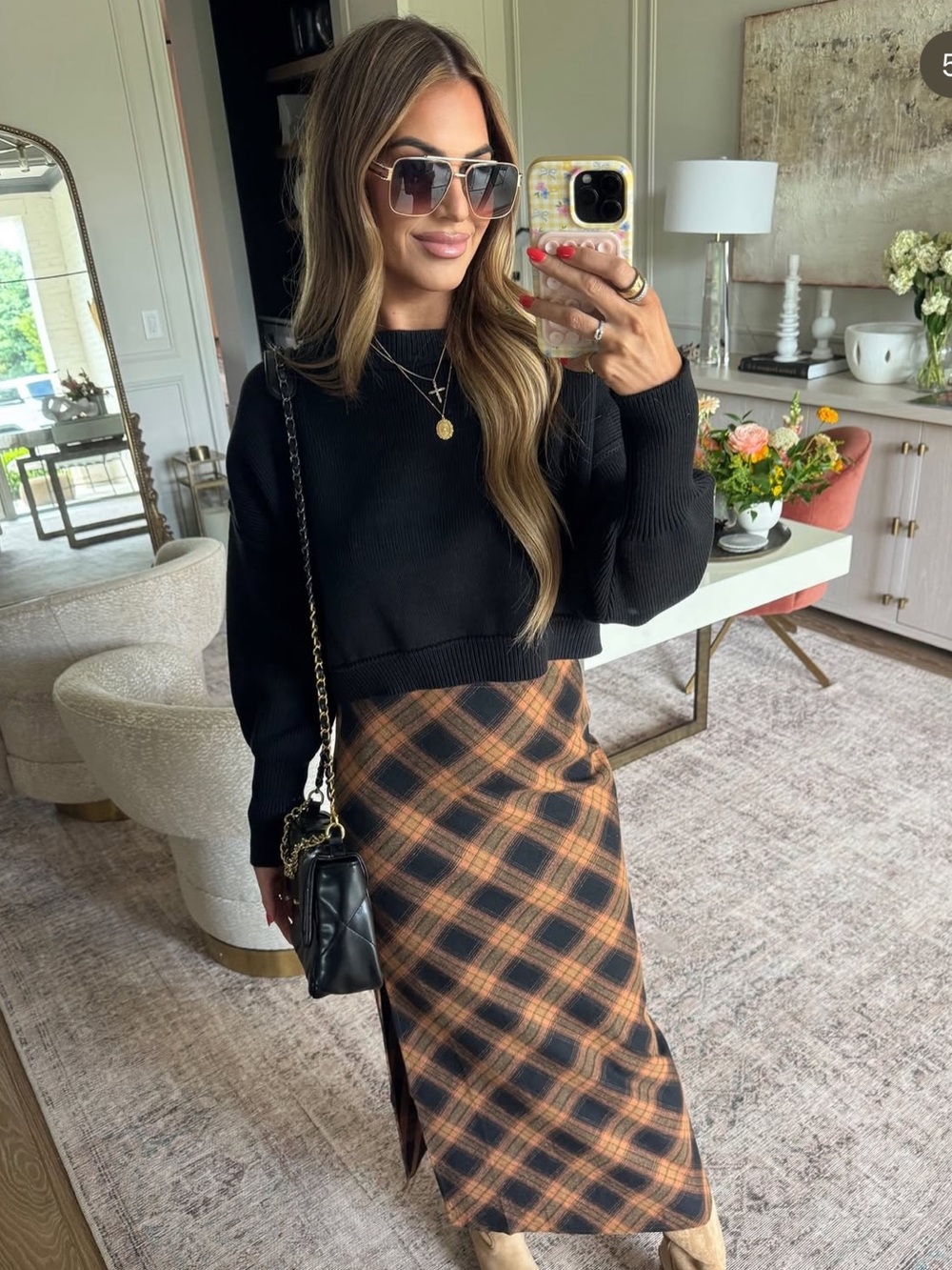 Vici Orange and Black Plaid Maxi Skirt